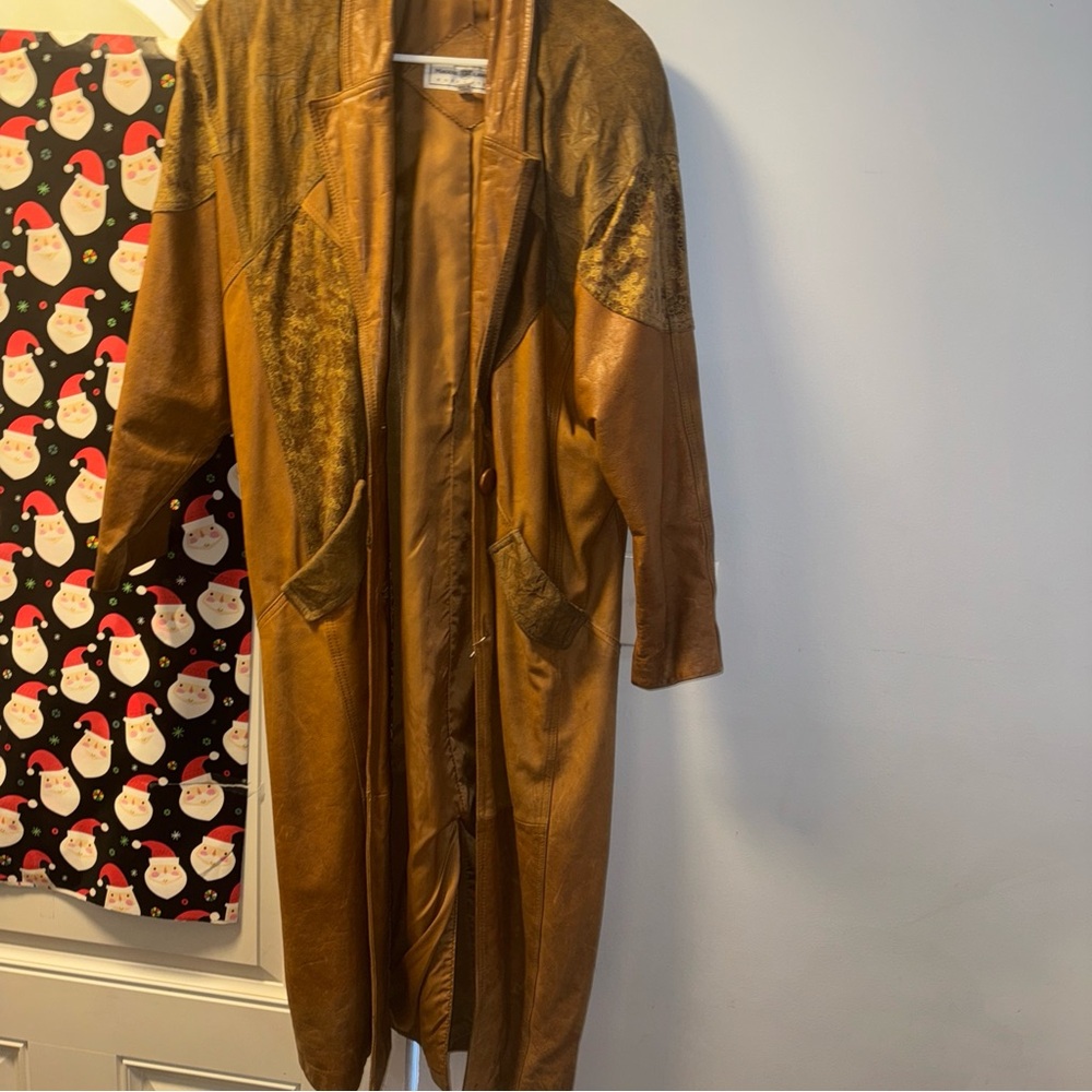 Maggie Lawrence patchwork tapestry leather, long jacket size extra medium
